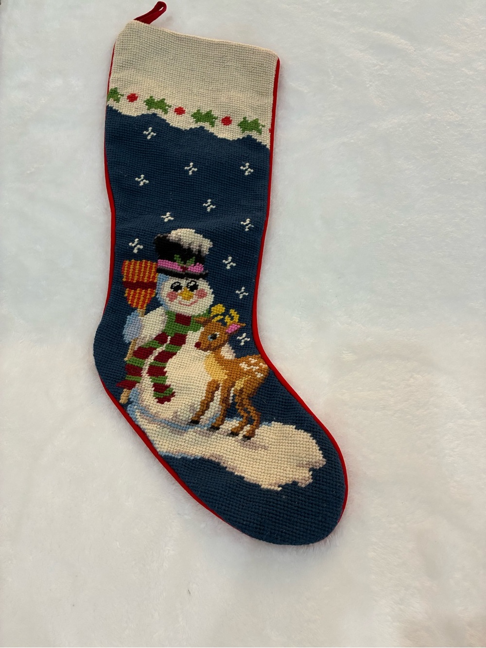 Needlepoint Christmas Stocking Wool Vintage- Snowman & Fawn Deer 19"